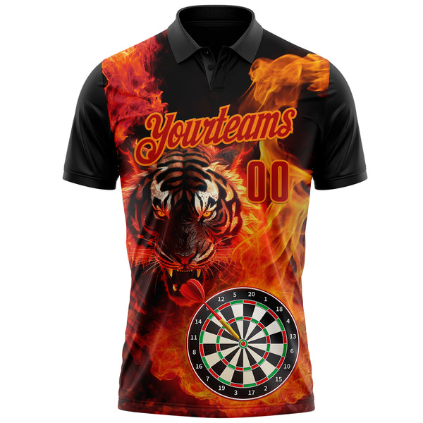 Custom Black Red-Bay Orange Darts Flame Tiger Dartboard Performance Polo Shirt