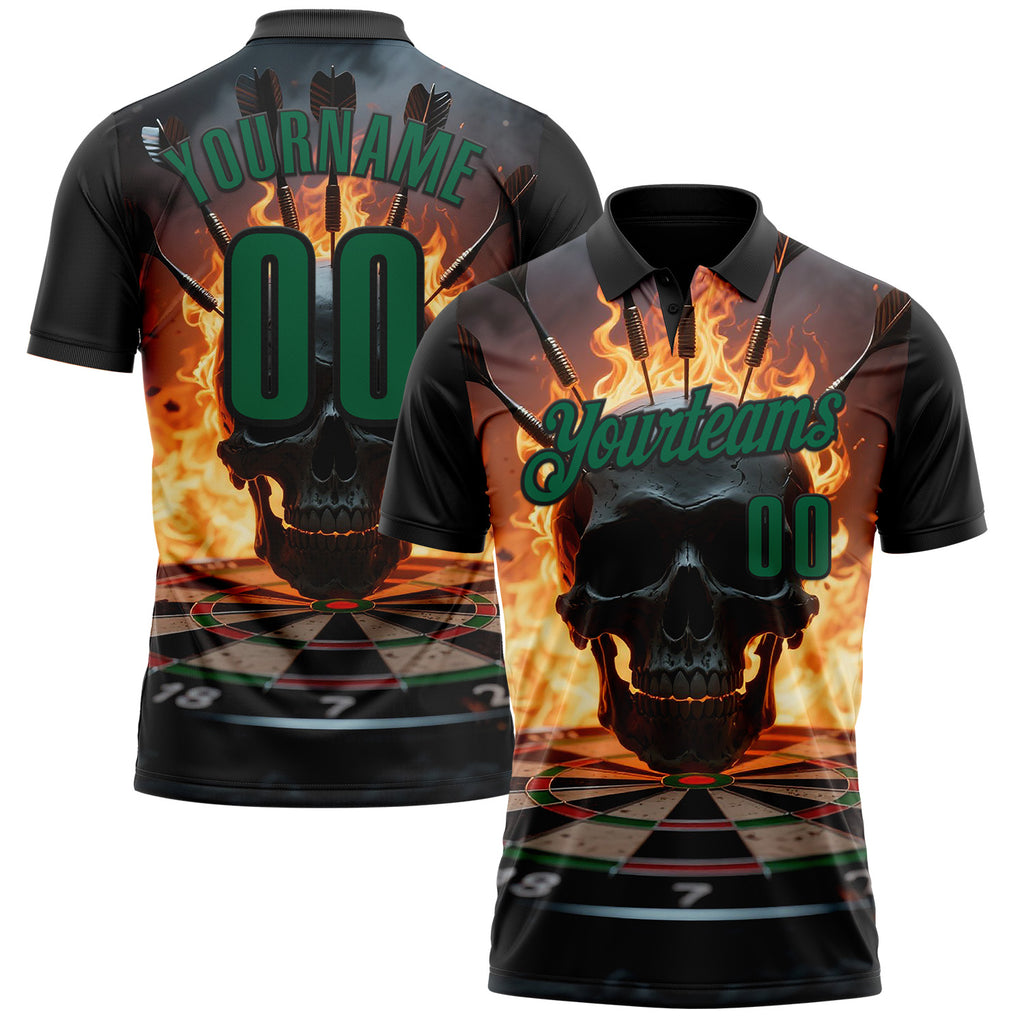 Custom Black-Kelly Green Darts Flame Skull Dartboard Performance Polo Shirt