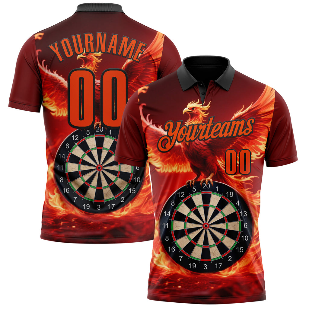 Custom Black-Orange Darts Flame Phoenix Dartboard Performance Polo Shirt