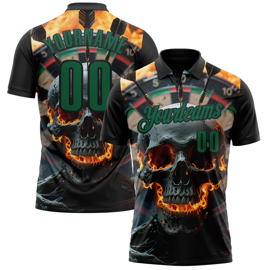 Custom Black-Kelly Green Darts Flame Skull Dartboard Performance Polo Shirt