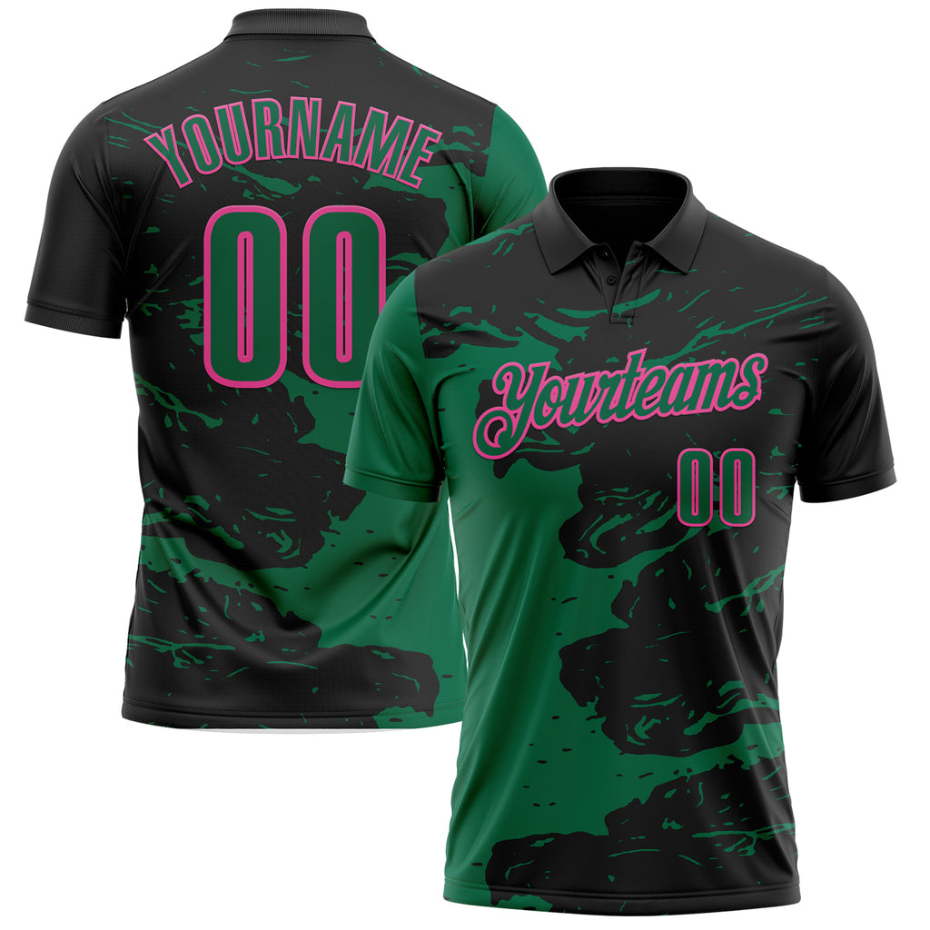 Custom Black Kelly Green-Pink Fluid Paint Splash Performance Polo Shirt