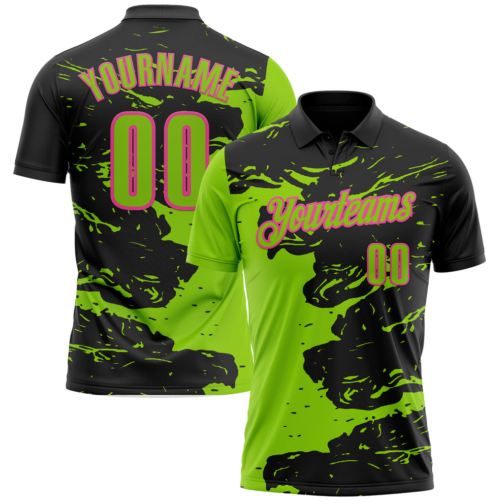 Custom Black Neon Green-Pink Fluid Paint Splash Performance Polo Shirt