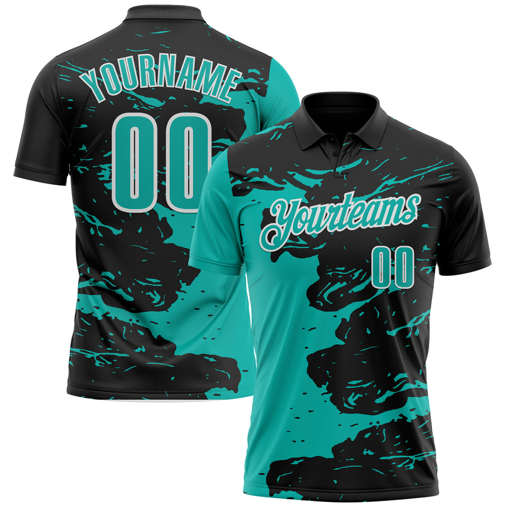 Custom Black Aqua-White Fluid Paint Splash Performance Polo Shirt