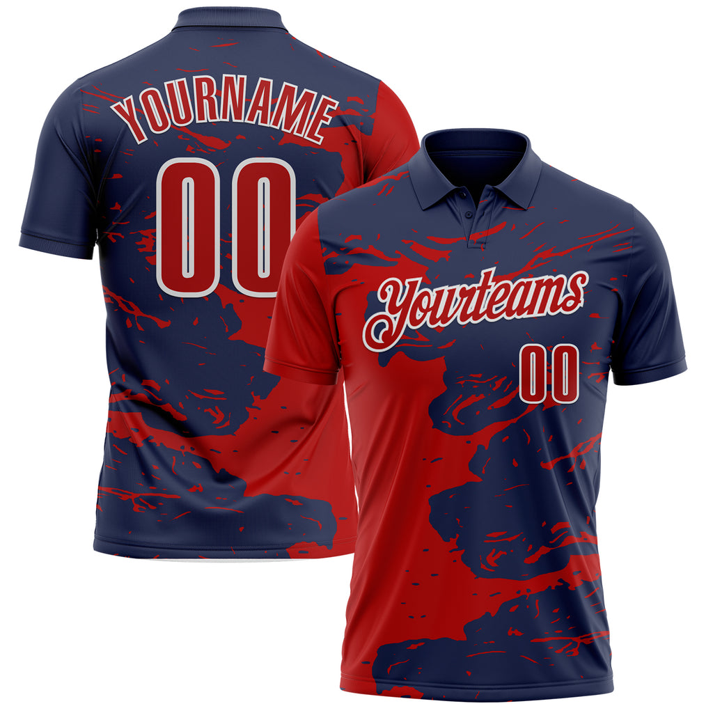 Custom Navy Red-White Fluid Paint Splash Performance Polo Shirt