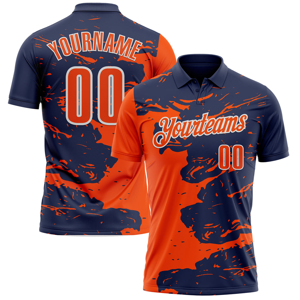 Custom Navy Orange-White Fluid Paint Splash Performance Polo Shirt