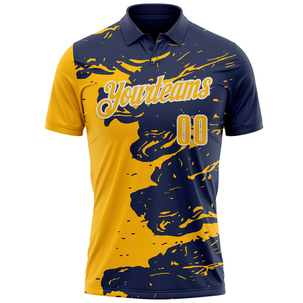 Custom Navy Gold-White Fluid Paint Splash Performance Polo Shirt