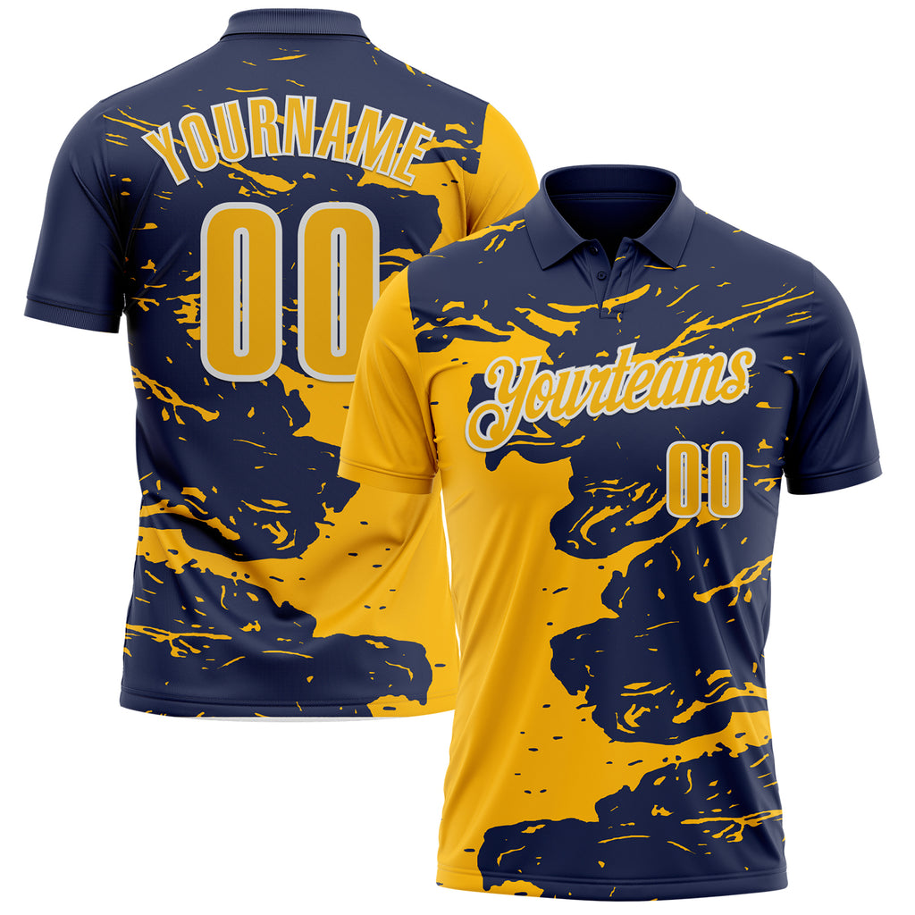 Custom Navy Gold-White Fluid Paint Splash Performance Polo Shirt