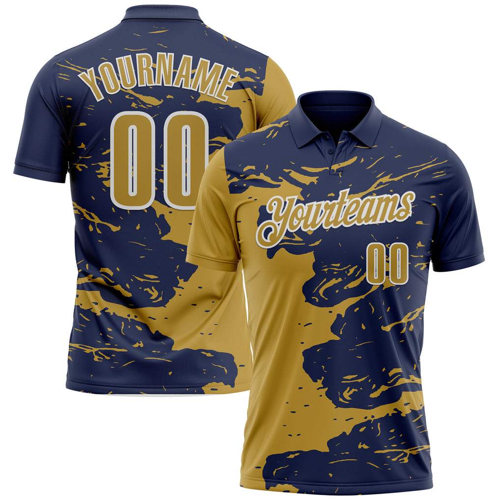 Custom Navy Old Gold-White Fluid Paint Splash Performance Polo Shirt