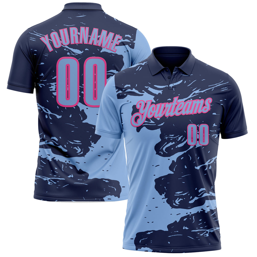 Custom Navy Light Blue-Pink Fluid Paint Splash Performance Polo Shirt