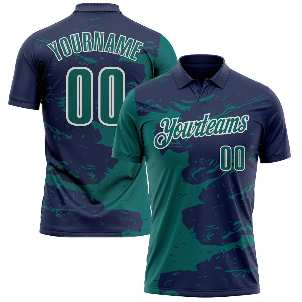 Custom Navy Teal-White Fluid Paint Splash Performance Polo Shirt