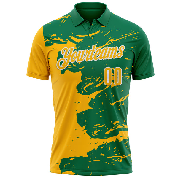 Custom Kelly Green Gold-White Fluid Paint Splash Performance Polo Shirt