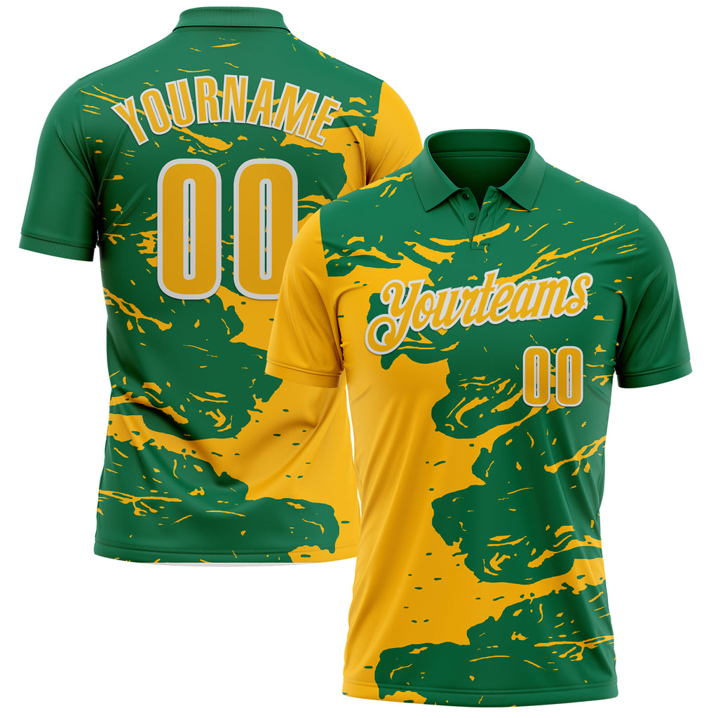 Custom Kelly Green Gold-White Fluid Paint Splash Performance Polo Shirt
