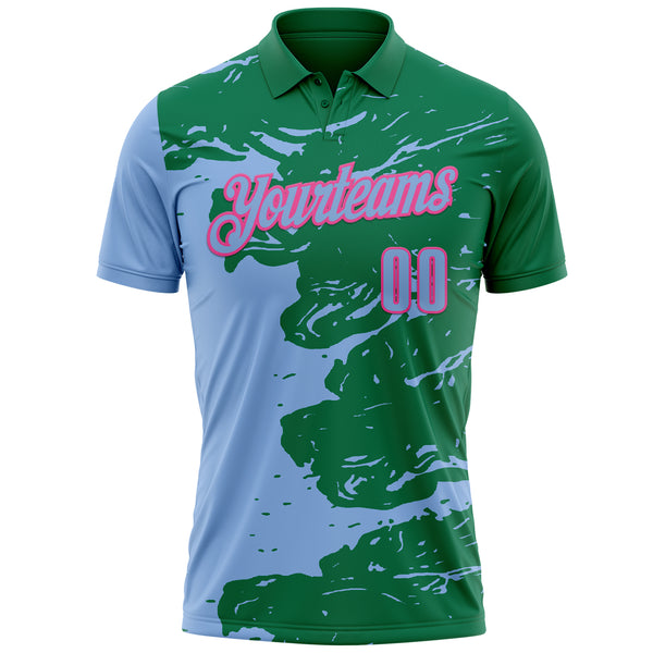 Custom Kelly Green Light Blue-Pink Fluid Paint Splash Performance Polo Shirt