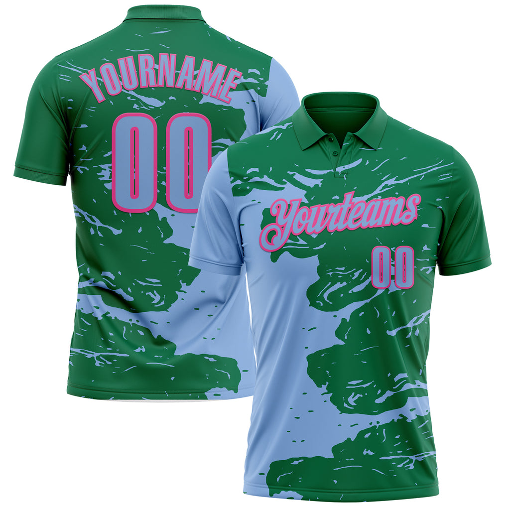 Custom Kelly Green Light Blue-Pink Fluid Paint Splash Performance Polo Shirt