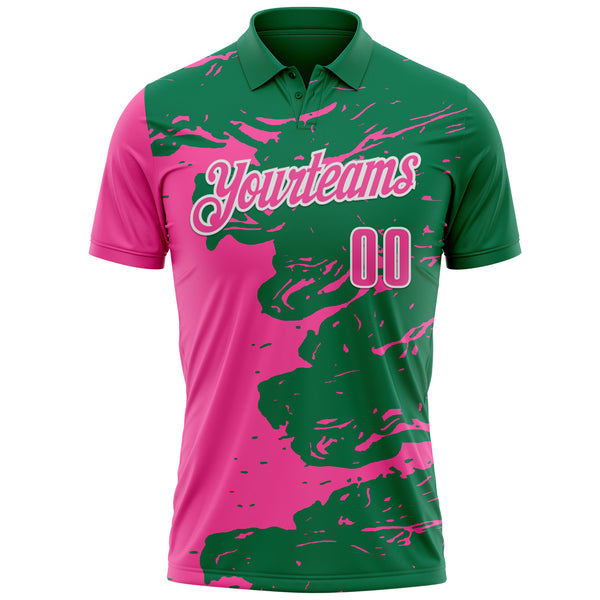 Custom Kelly Green Pink-White Fluid Paint Splash Performance Polo Shirt