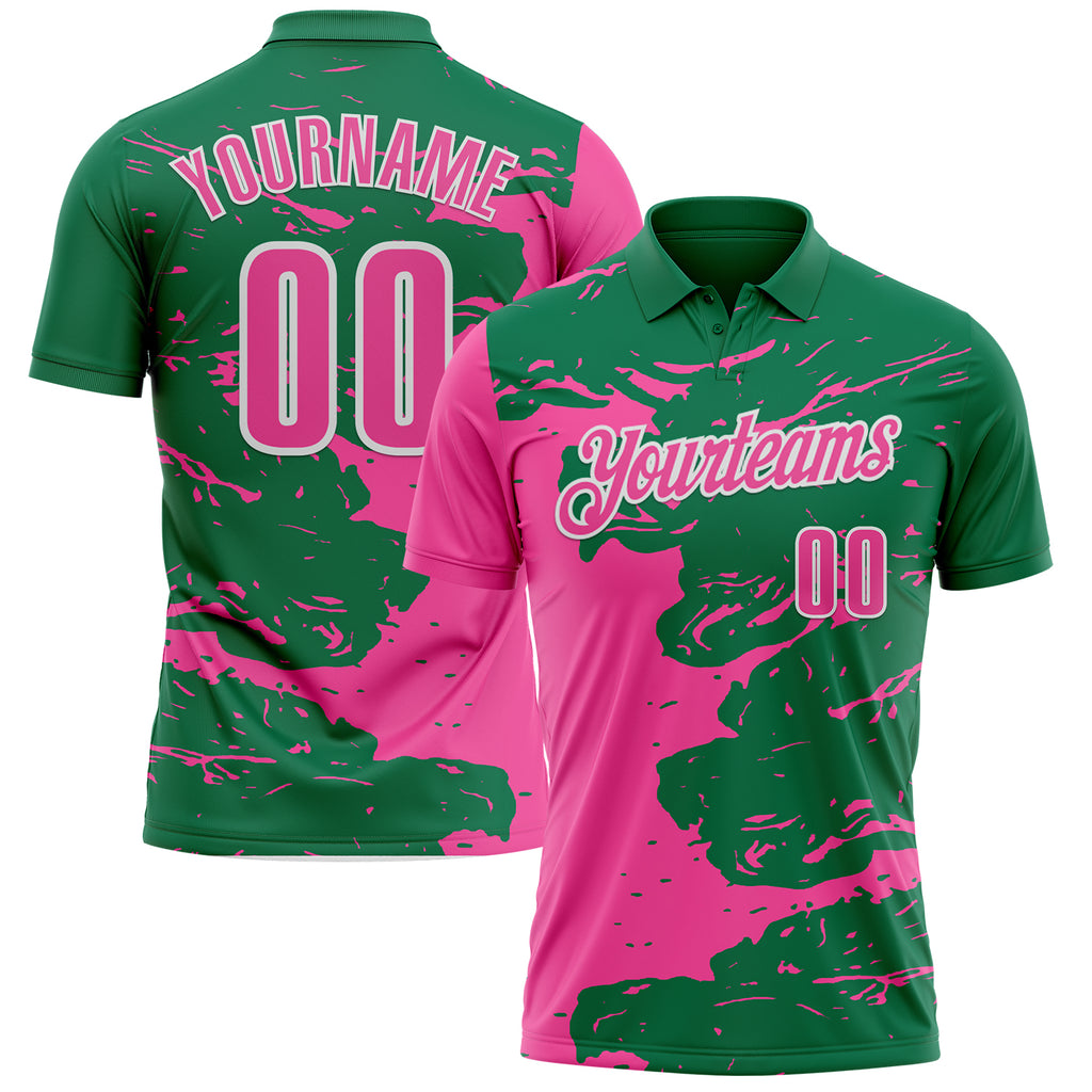 Custom Kelly Green Pink-White Fluid Paint Splash Performance Polo Shirt