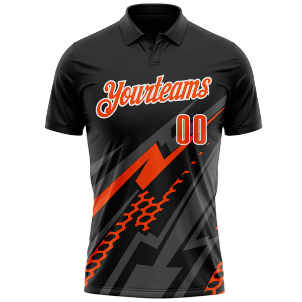 Custom Black Orange Gray-White Lightning Geometric Performance Polo Shirt