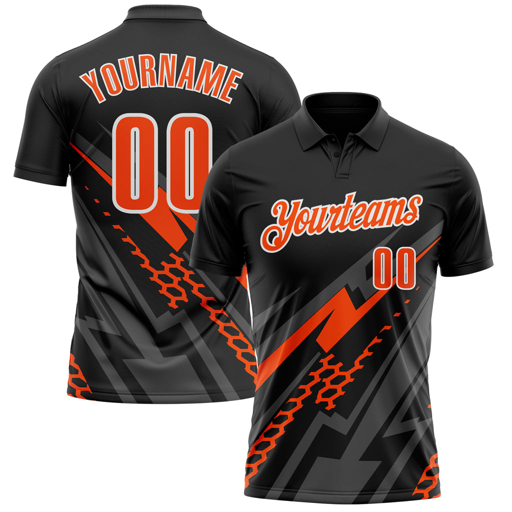Custom Black Orange Gray-White Lightning Geometric Performance Polo Shirt