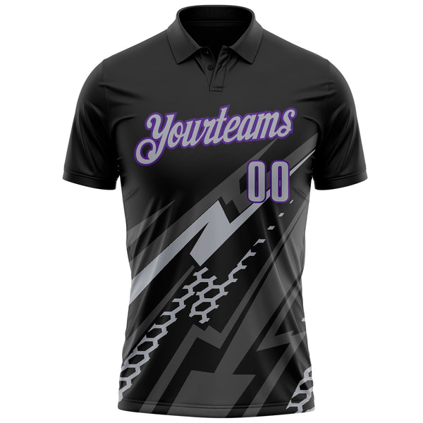 Custom Black Gray-Purple Lightning Geometric Performance Polo Shirt