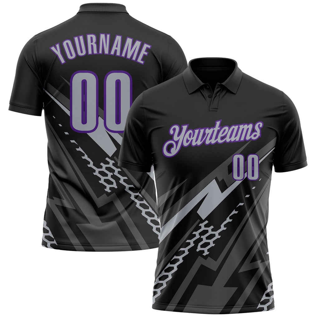 Custom Black Gray-Purple Lightning Geometric Performance Polo Shirt