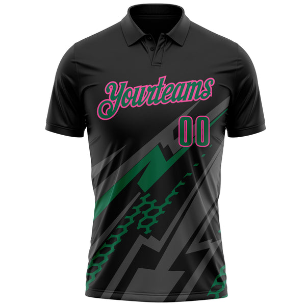 Custom Black Kelly Green Gray-Pink Lightning Geometric Performance Polo Shirt