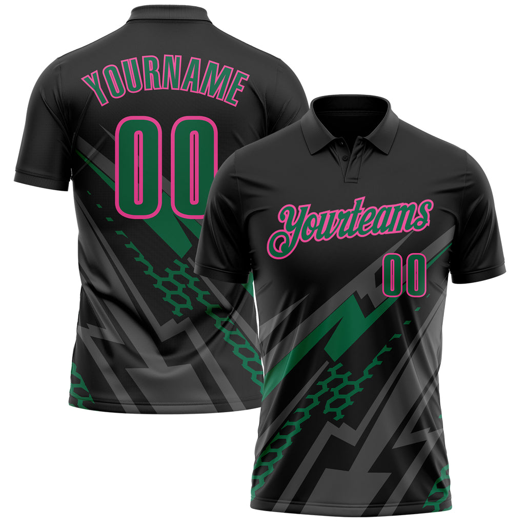 Custom Black Kelly Green Gray-Pink Lightning Geometric Performance Polo Shirt