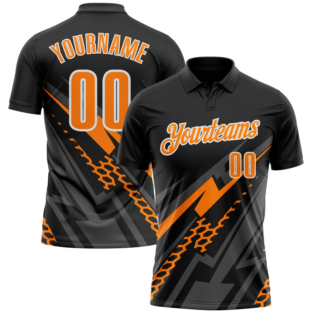 Custom Black Bay Orange Gray-White Lightning Geometric Performance Polo Shirt