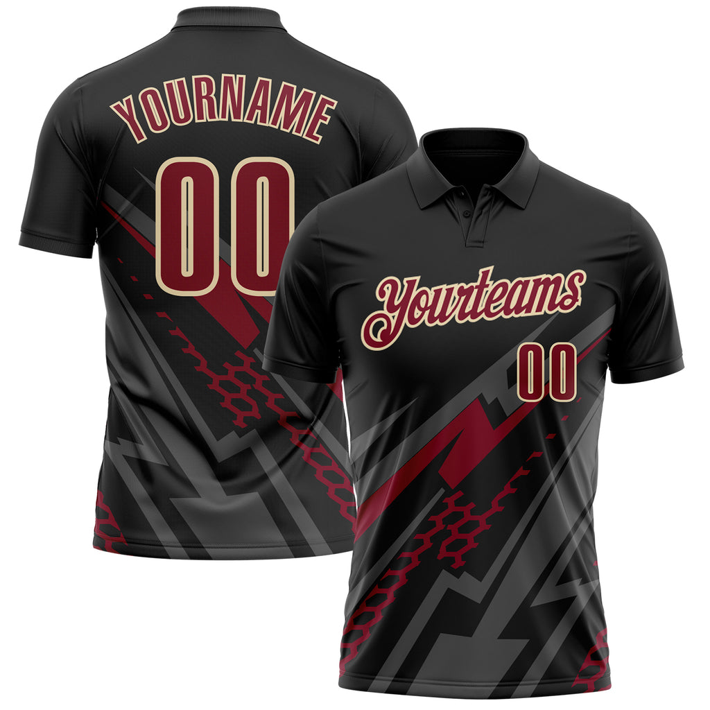 Custom Black Crimson Gray-Cream Lightning Geometric Performance Polo Shirt