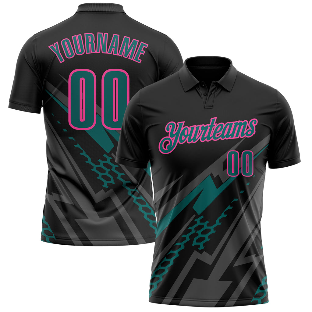 Custom Black Teal Gray-Pink Lightning Geometric Performance Polo Shirt