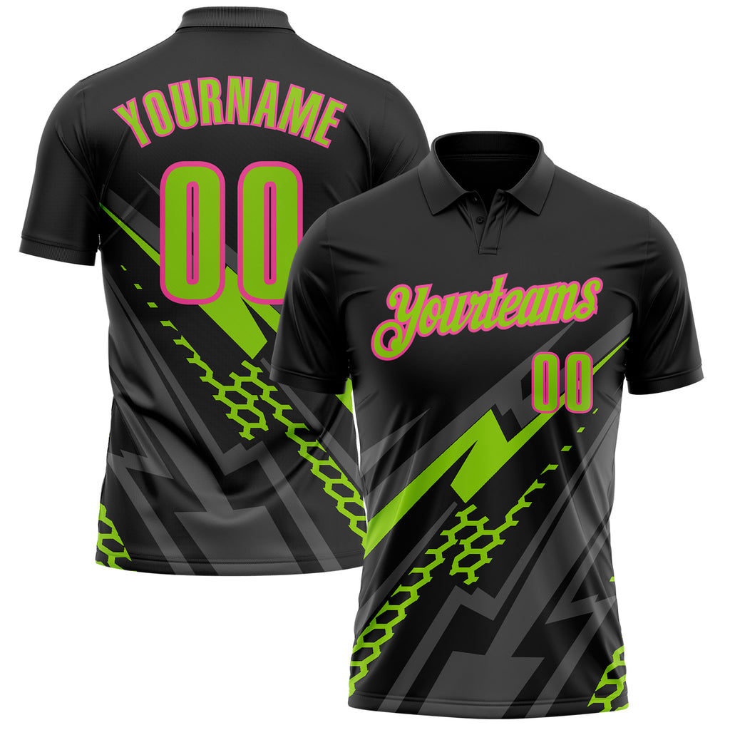 Custom Black Neon Green Gray-Pink Lightning Geometric Performance Polo Shirt