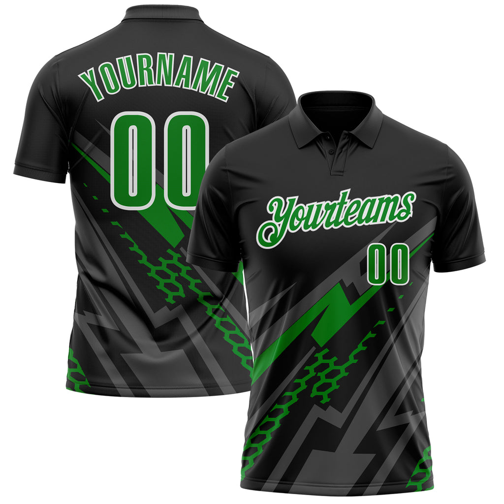 Custom Black Grass Green Gray-White Lightning Geometric Performance Polo Shirt