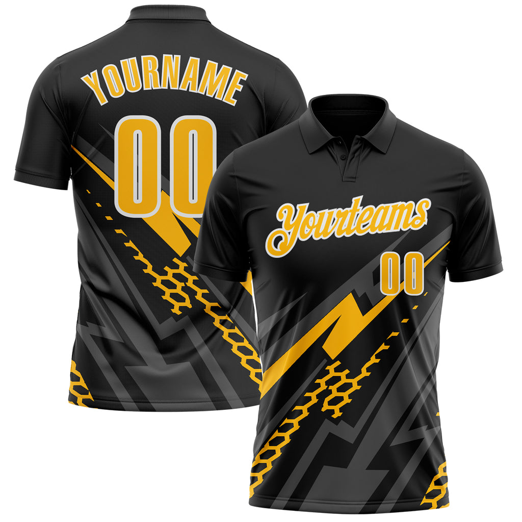 Custom Black Gold Gray-White Lightning Geometric Performance Polo Shirt