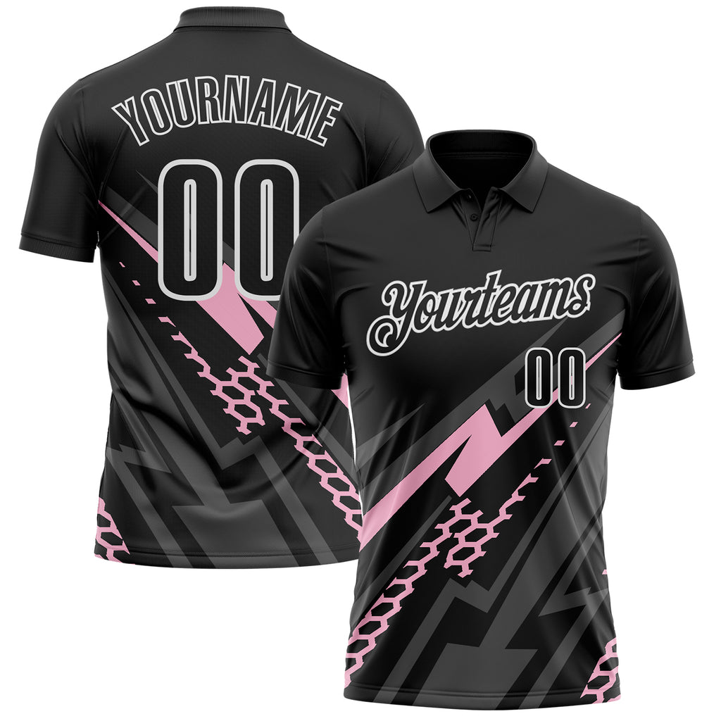 Custom Black Light Pink Gray-White Lightning Geometric Performance Polo Shirt