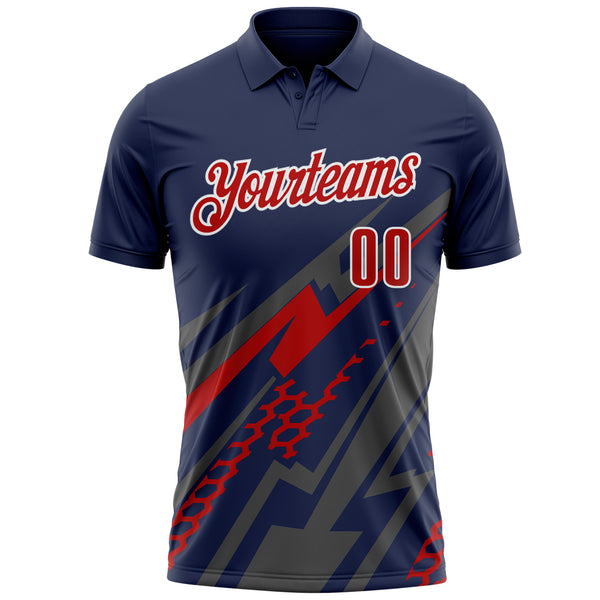 Custom Navy Red Gray-White Lightning Geometric Performance Polo Shirt