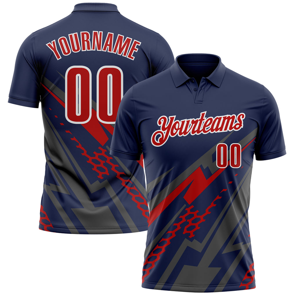 Custom Navy Red Gray-White Lightning Geometric Performance Polo Shirt