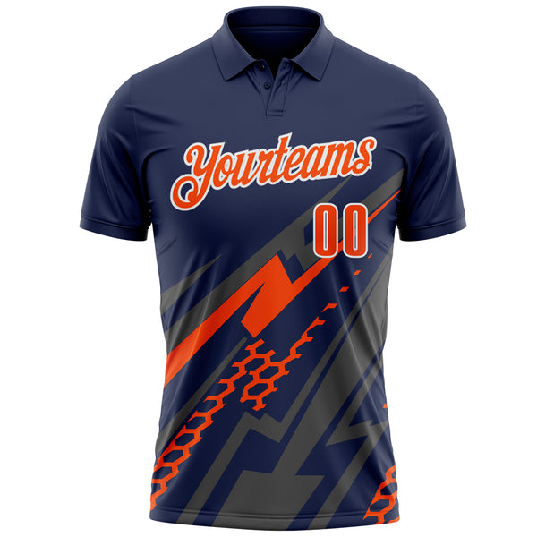 Custom Navy Orange Gray-White Lightning Geometric Performance Polo Shirt