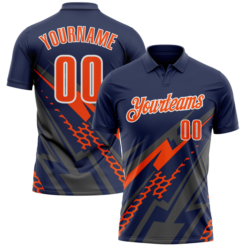 Custom Navy Orange Gray-White Lightning Geometric Performance Polo Shirt