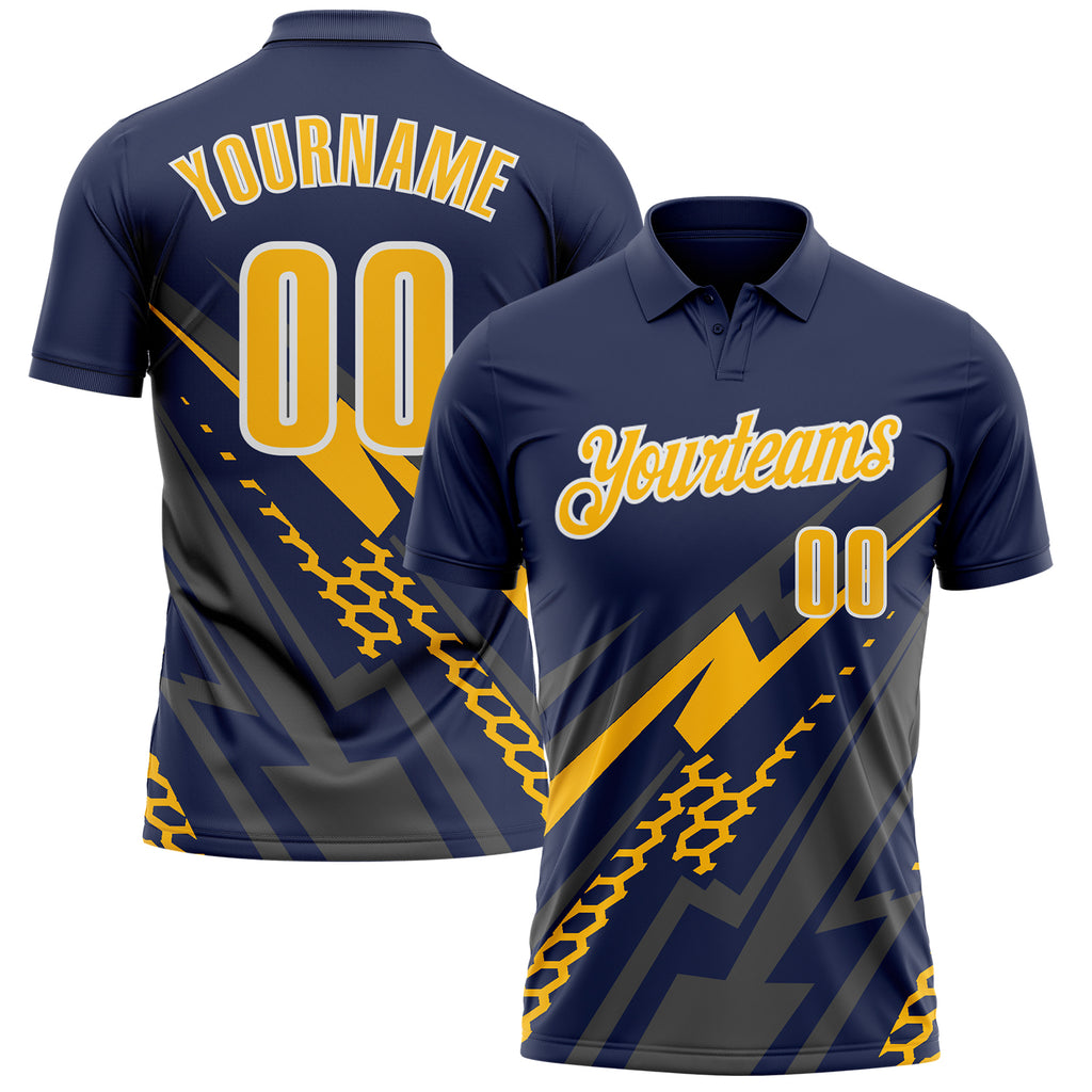 Custom Navy Gold Gray-White Lightning Geometric Performance Polo Shirt