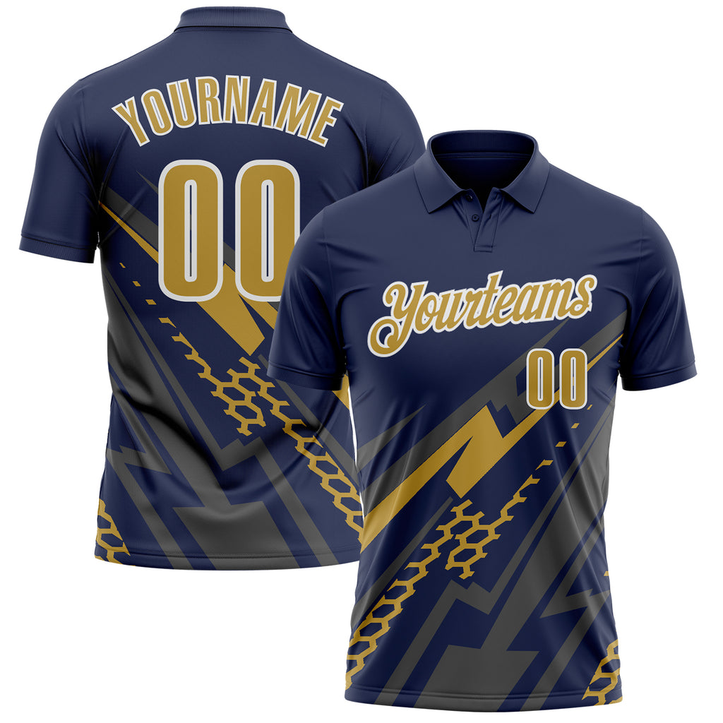Custom Navy Old Gold Gray-White Lightning Geometric Performance Polo Shirt