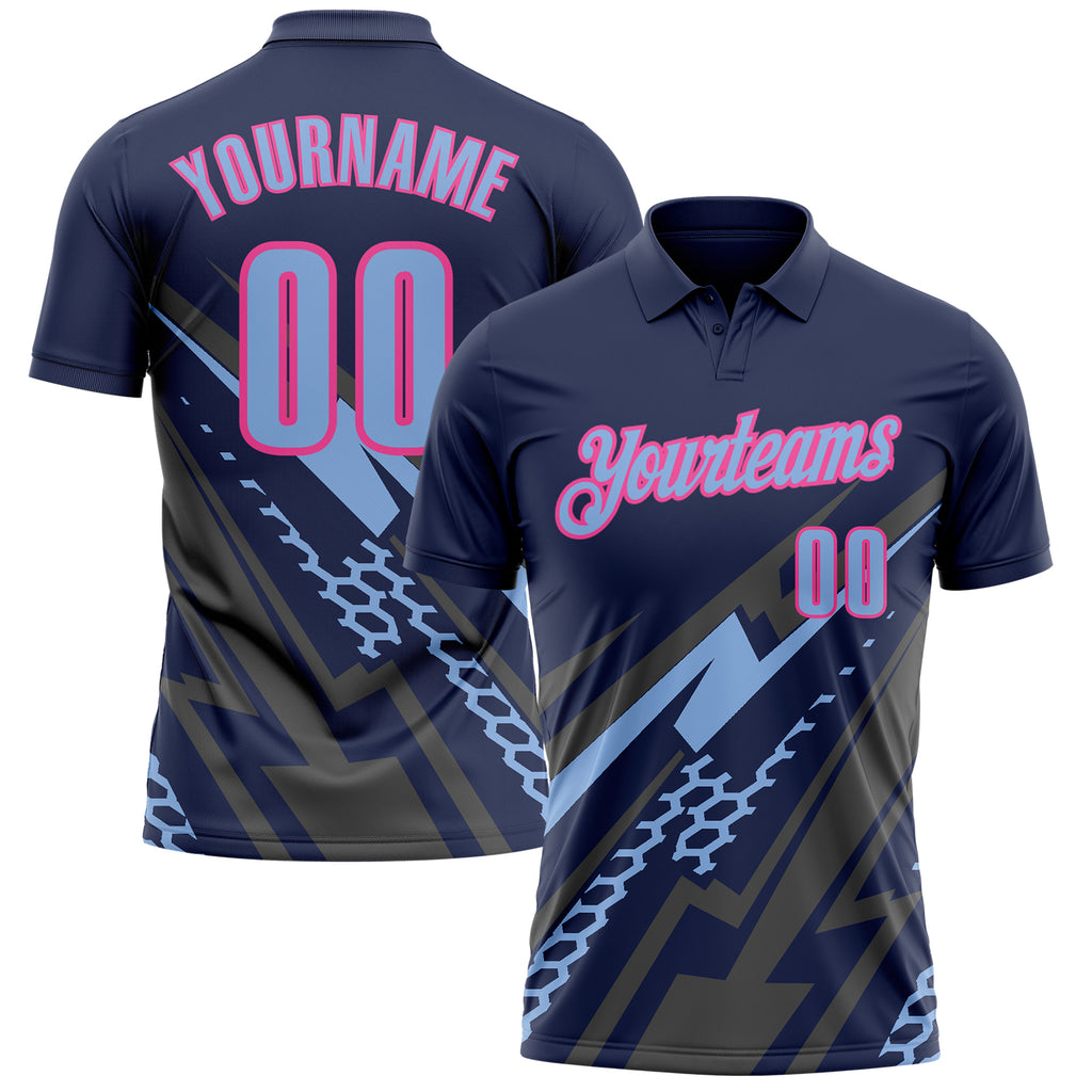 Custom Navy Light Blue Gray-Pink Lightning Geometric Performance Polo Shirt