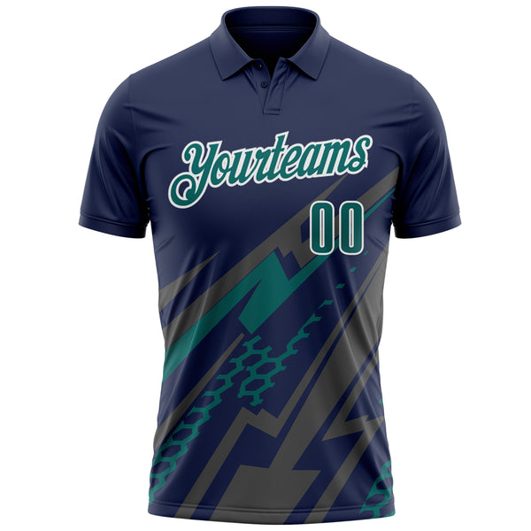 Custom Navy Teal Gray-White Lightning Geometric Performance Polo Shirt