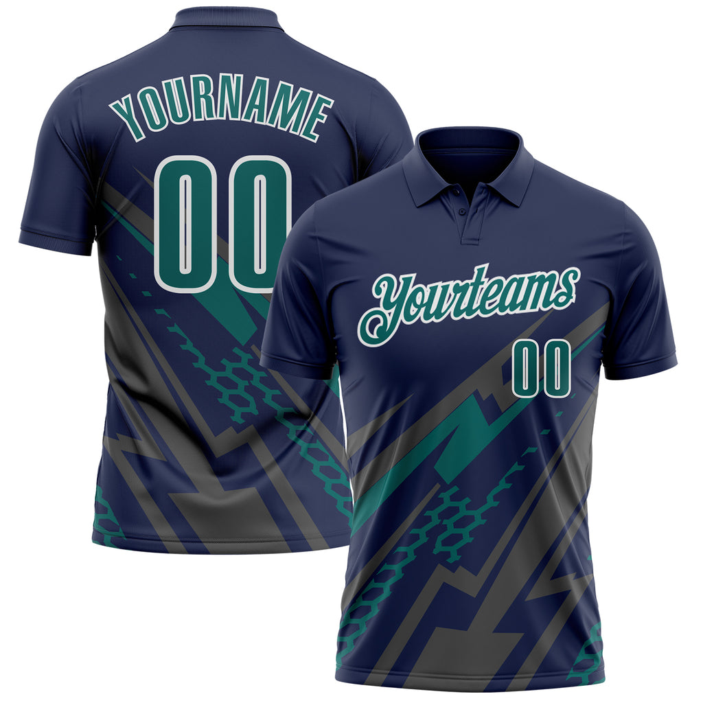 Custom Navy Teal Gray-White Lightning Geometric Performance Polo Shirt