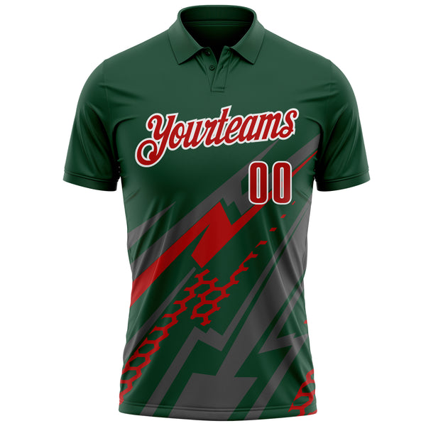 Custom Green Red Gray-White Lightning Geometric Performance Polo Shirt