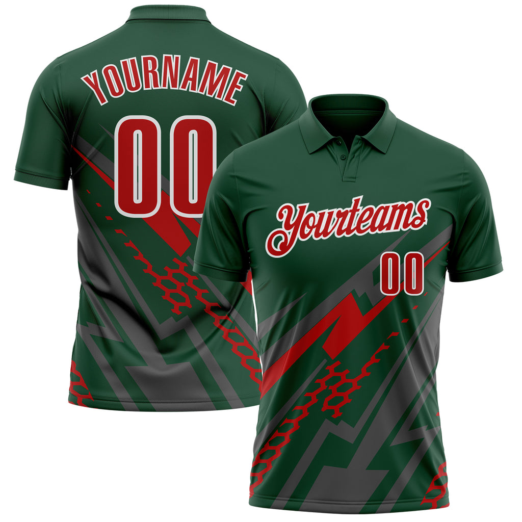 Custom Green Red Gray-White Lightning Geometric Performance Polo Shirt
