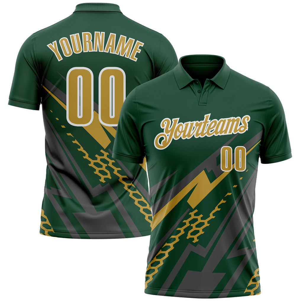 Custom Green Old Gold Gray-White Lightning Geometric Performance Polo Shirt