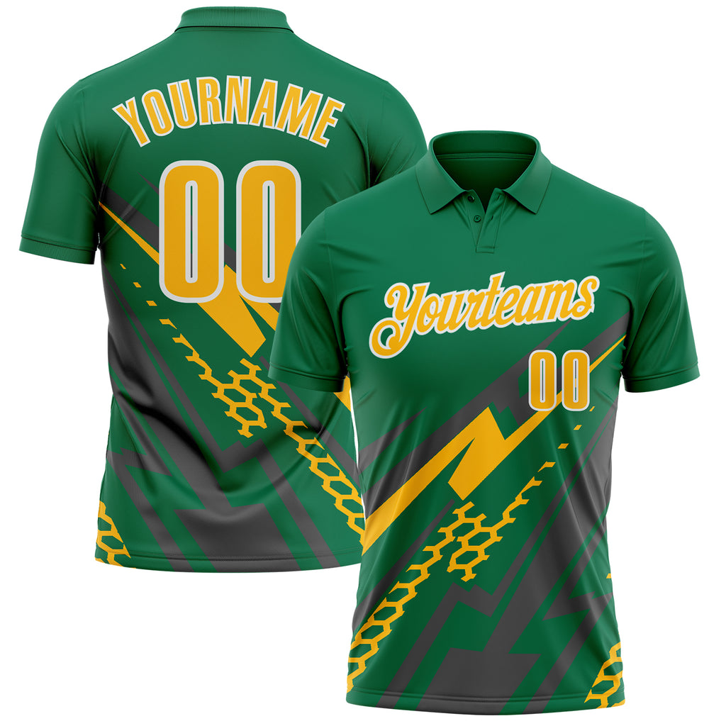 Custom Kelly Green Gold Gray-White Lightning Geometric Performance Polo Shirt