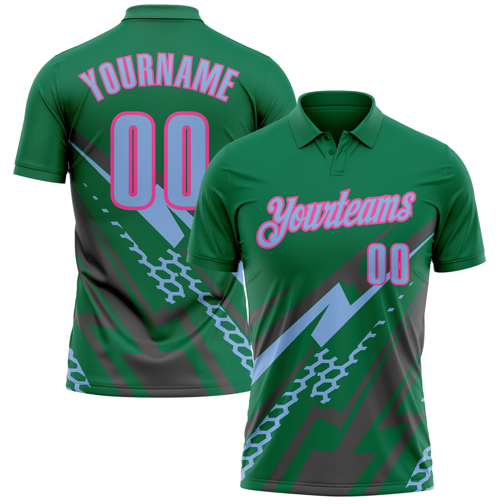 Custom Kelly Green Light Blue Gray-Pink Lightning Geometric Performance Polo Shirt