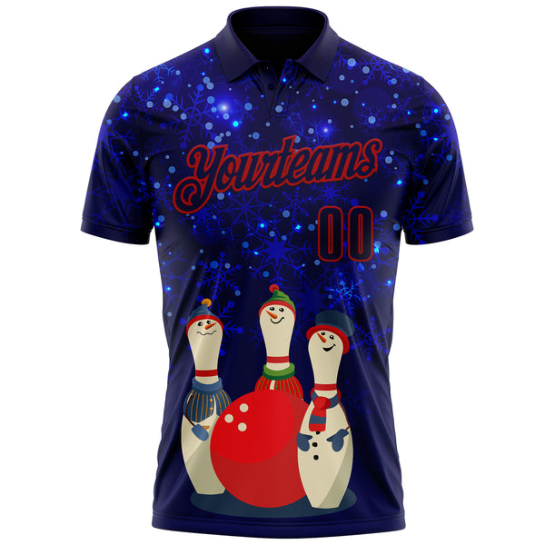Custom Blue-Red Bowling Ball And Pins Snowman Performance Polo Shirt