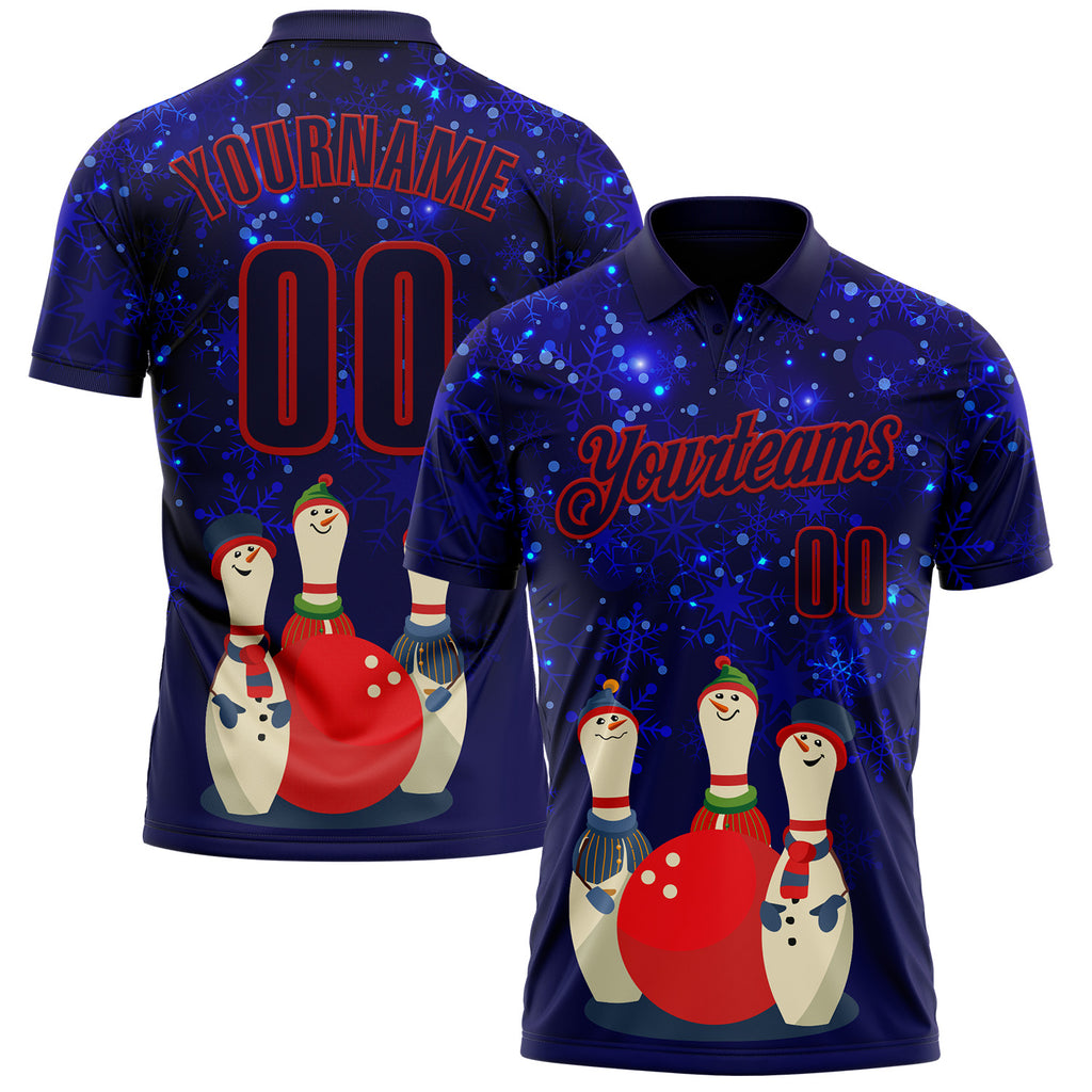 Custom Blue-Red Bowling Ball And Pins Snowman Performance Polo Shirt