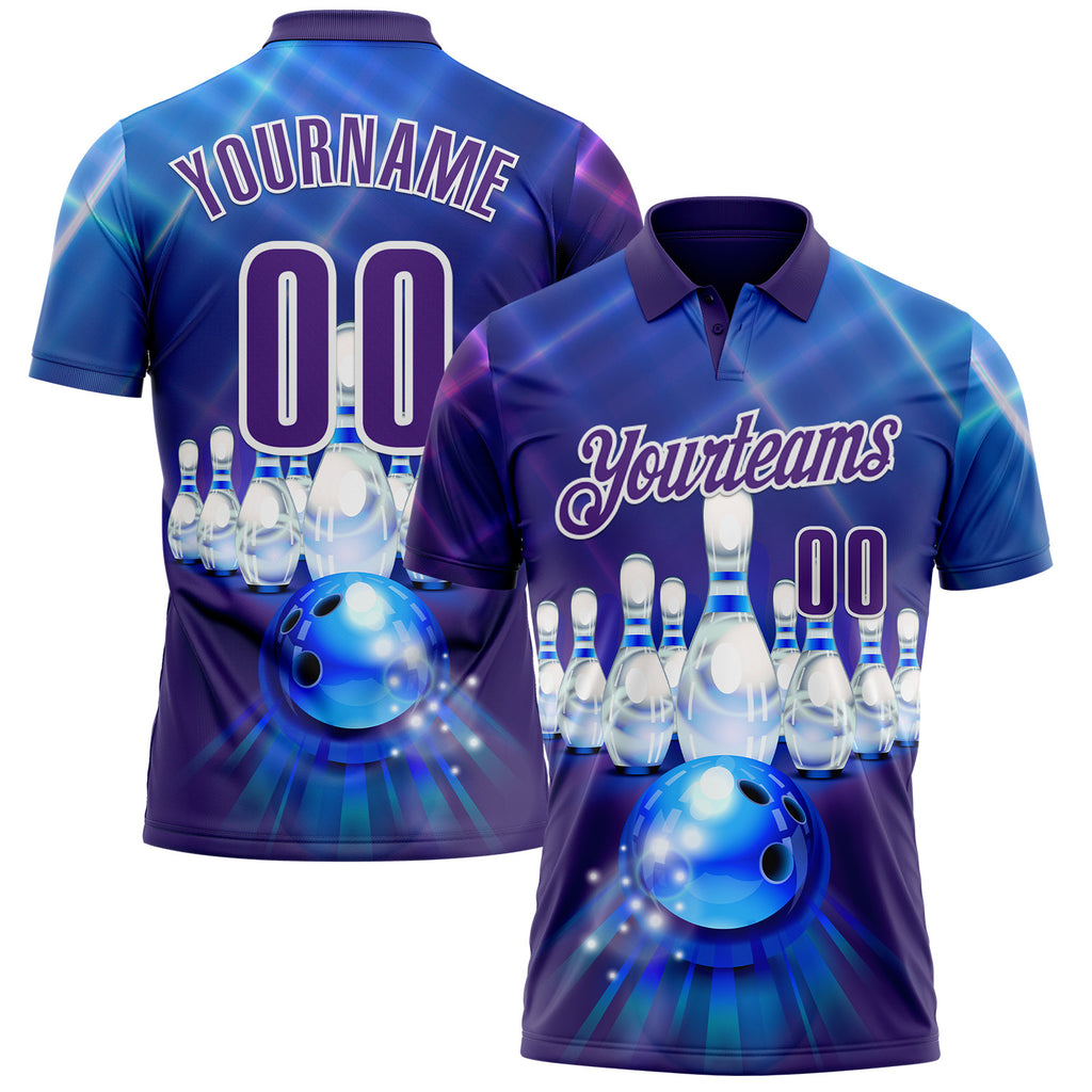 Custom Blue Purple-White Bowling Ball And Pins Strike Performance Polo Shirt